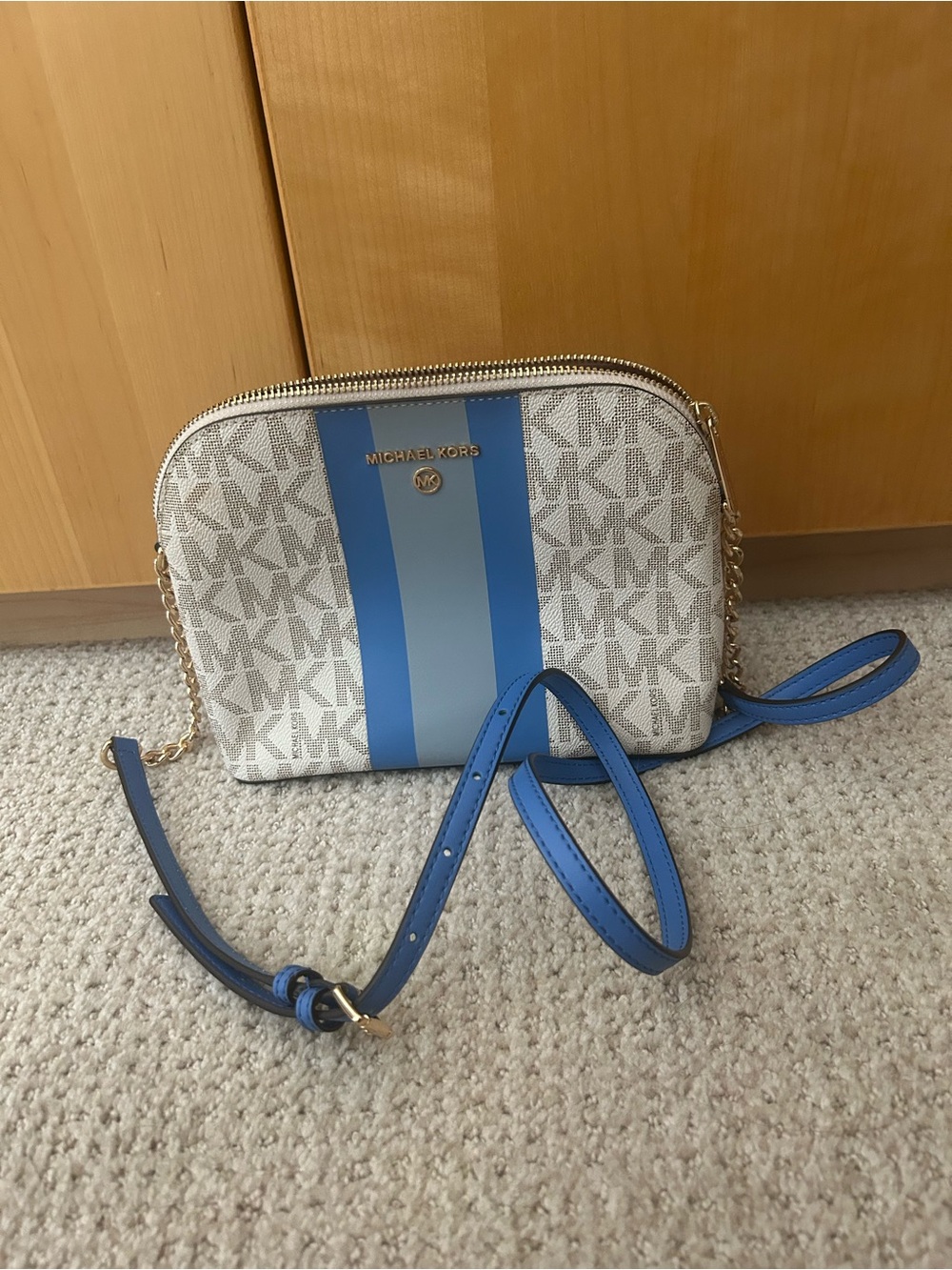 Michael Kors White and Blue Stripe Crossbody Bag